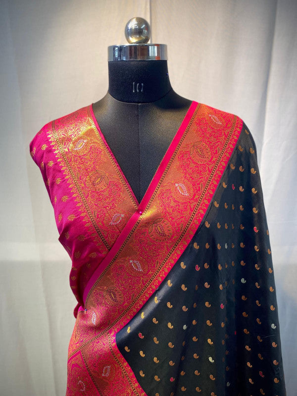 Black with Rani Pink & Red Coloured Soft Paithani silk with Weaving Border & Rich Pallu Women Festival/ Party wear Silk Saree with Blouse!!