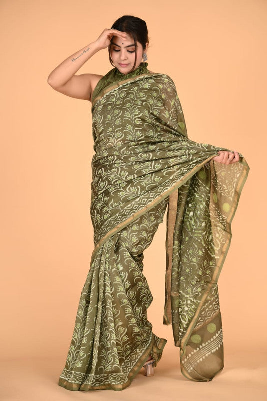 Mehendi Green & Multi Coloured Chanderi Silk with Hand Block Printed Women Party/Traditional Wear Chanderi Silk Saree with Blouse!!