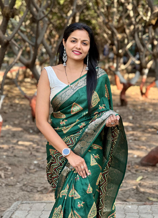 Green & Multi Coloured with 9 Inch Patta with Leheriya work, Jacquard Border Women Designer Dola Silk Saree with Blouse!!