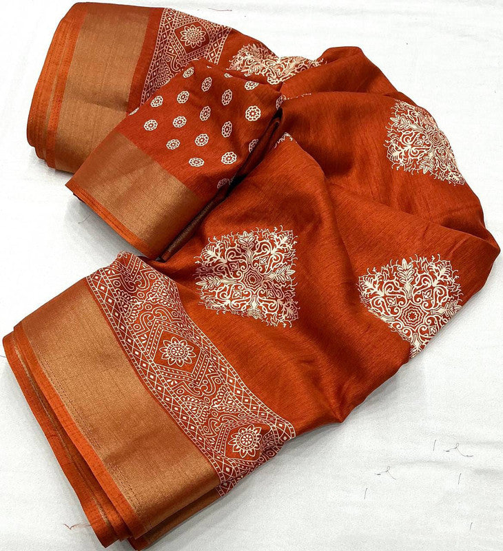 Orange with White Coloured Soft Cotton Crape with Zari Woven Pattu Border & Batik Printed Women Party/Festival wear Cotton Crape Saree with Blouse!!