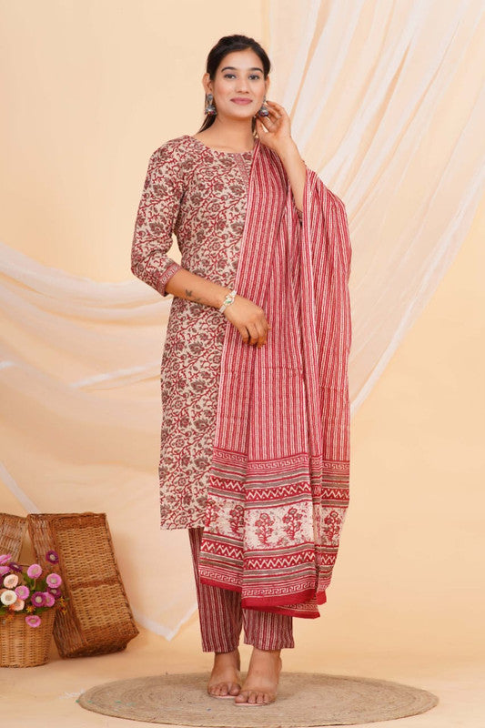 Beige & Multi Coloured Pure Cotton with Beautiful Hand Print Woman Party/Casual wear Designer Stitched Suit with Salwar & Mul Cotton Dupatta!!