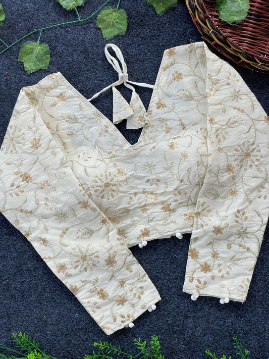 Half White & Gold Coloured Pure Khadi Cotton with Embroidery Work Woman Designer Ready made Long Sleeve Blouse - 38 Size Fits Up to 42 Inch!!