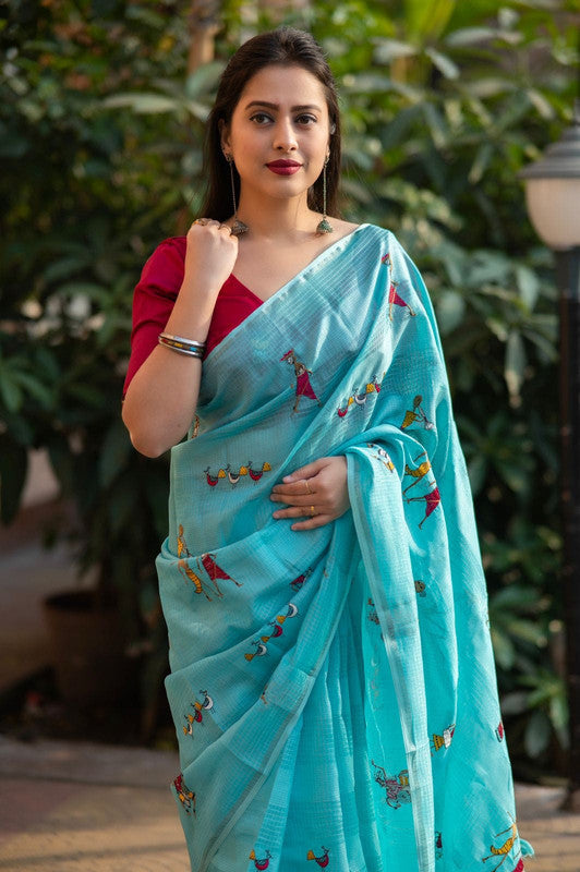 Aqua Blue with Red & Multi Coloured Manipuri Kota Chex with Worli style Embroidery work Women Party/Festival wear Kota Silk Saree with Malbery Silk Blouse!!