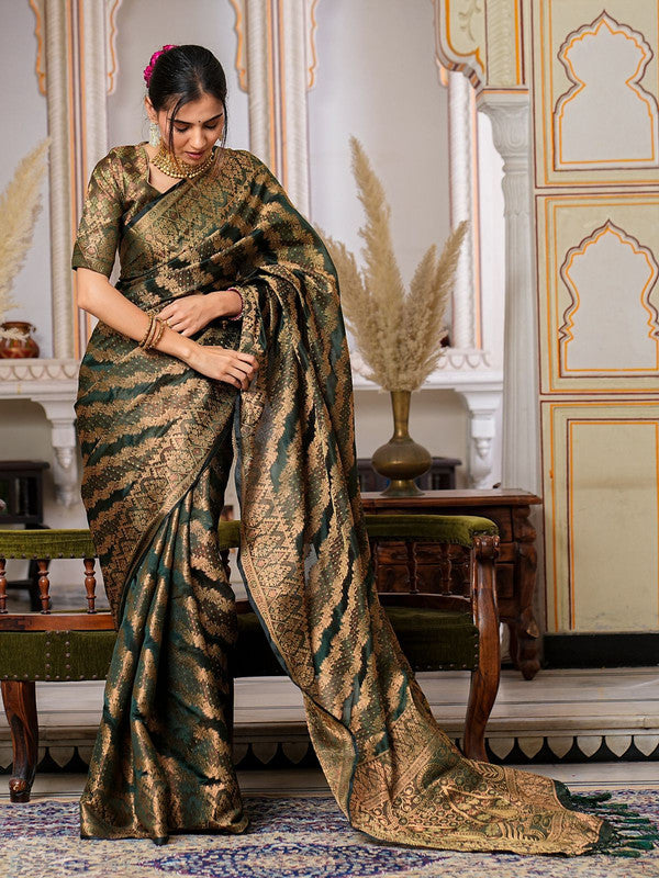 Bottle Green Coloured with Rich Pallu Dual Tone Tassels, Zari & Sequence Work Women Ethnic/Festival wear Organza Silk Saree with Brocade Blouse!!