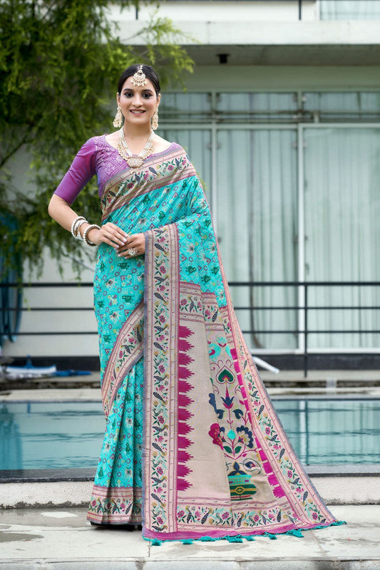 Aqua Blue & Multi Coloured Meena & Zari weaves with Paithani work Women Ethnic wear Banarasi Soft Silk Patola Saree with Contrast Brocade Blouse!!