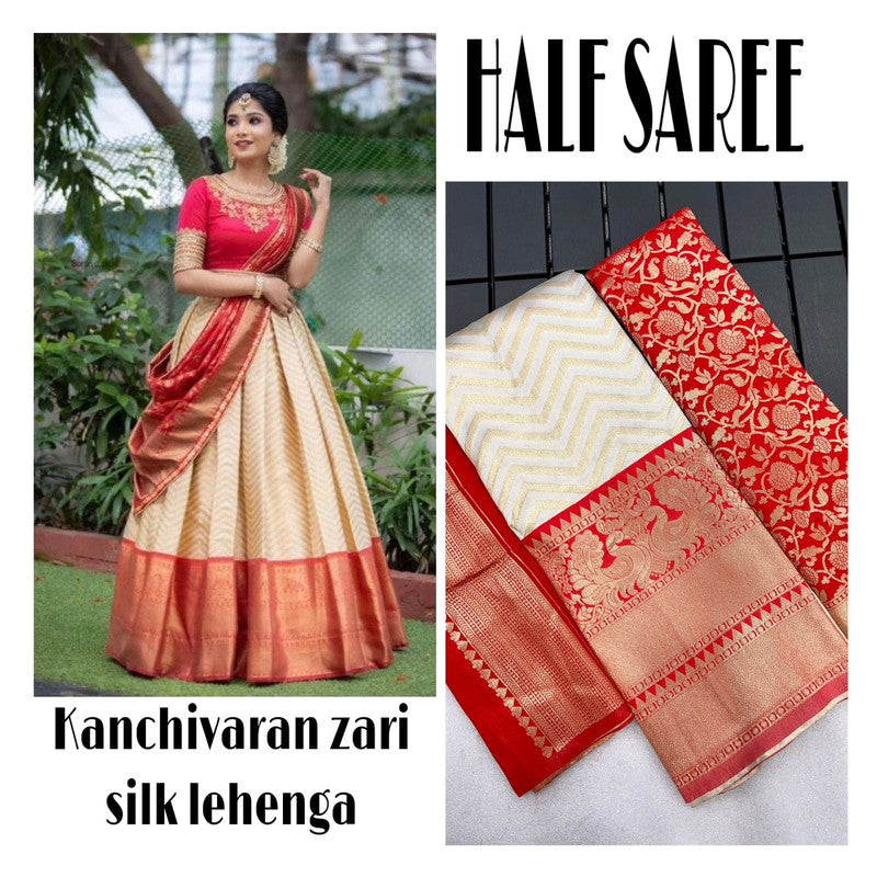 Cream & Red Coloured Kanjivaram Pattu Silk with Zari Women Ethnic Party wear Lehenga choli ( Half Saree) & Banarasi Silk Dupatta!!