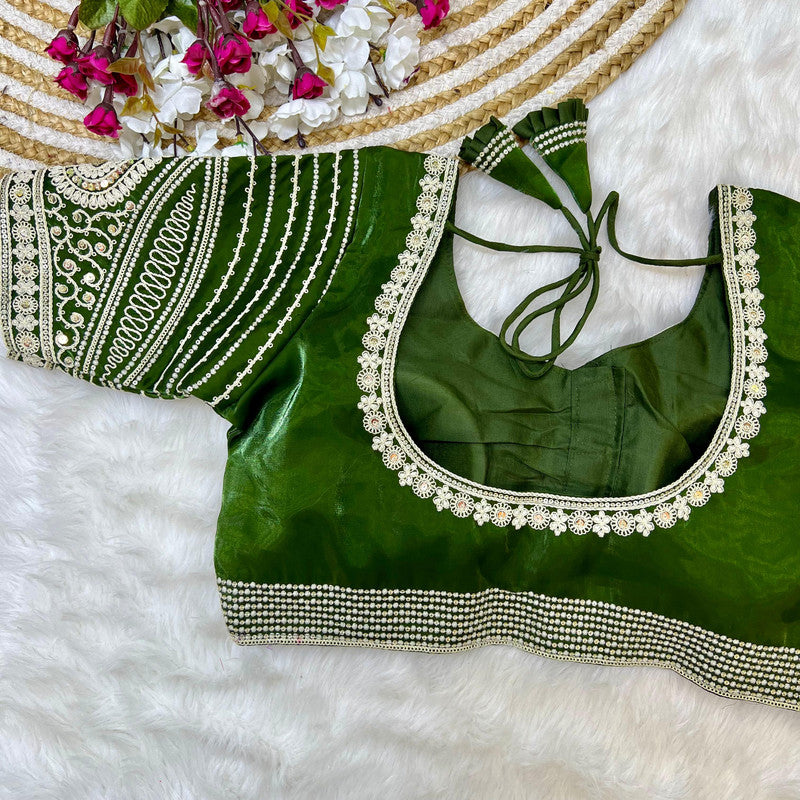 Parrot Green Coloured Soft Silky Zimichoo Fabric with Codding Embroidery & Sequence Work Woman Designer Partywear Ready made Blouse - 40 Size Fits Up to 42 Inch!!