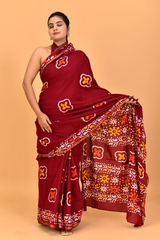 Maroon & Multi Coloured Pure Cotton with Jari Border & Print Women Party/Casual wear Cotton Saree with Runing Blouse!!