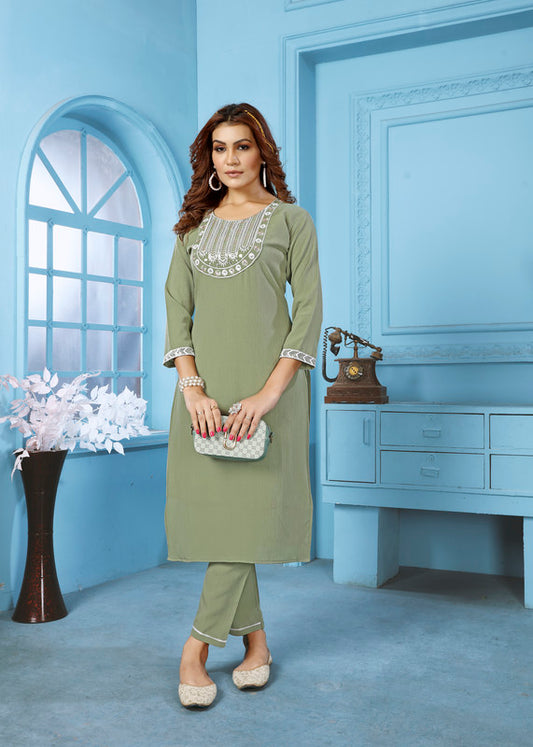 Pista Green Coloured Rinkal Cotton with Embroidery Work Round Neck 3/4 sleeves Women Designer Party/ Casual wear Kurti with Pant!!