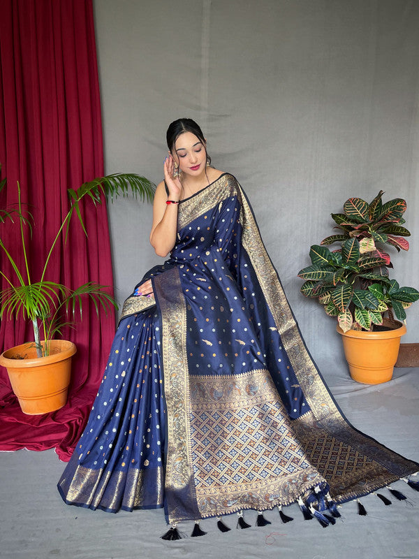 Navy Blue & Multi Coloured with Copper & Golden Zari & Beautiful Motifs, Rich Pallu Women Designer Soft Silk Saree with Blouse!!