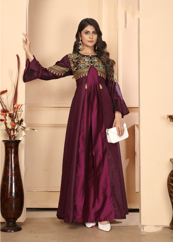 Wine Coloured Triva Silk with Heavy Embroidery Work Mandarin Neck Full Sleeves Women Designer Party/Casual wear Long Kurta!!