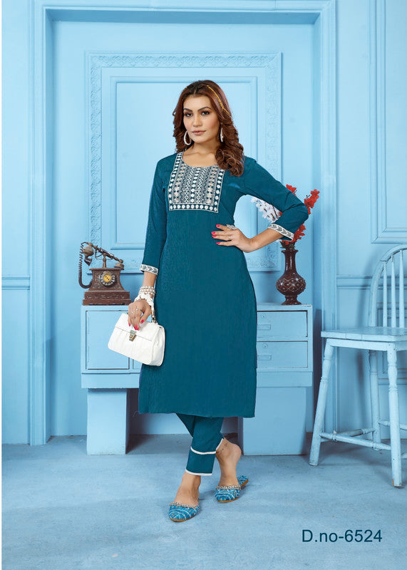 Rama Blue Coloured Rinkal Cotton with Embroidery Work Round Neck 3/4 sleeves Women Designer Party/ Casual wear Kurti with Pant!!