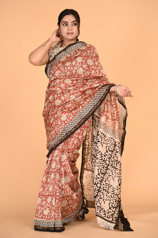 Red & Multi Coloured Chanderi Silk with Hand Block Printed Women Party/Traditional Wear Chanderi Silk Saree with Blouse!!