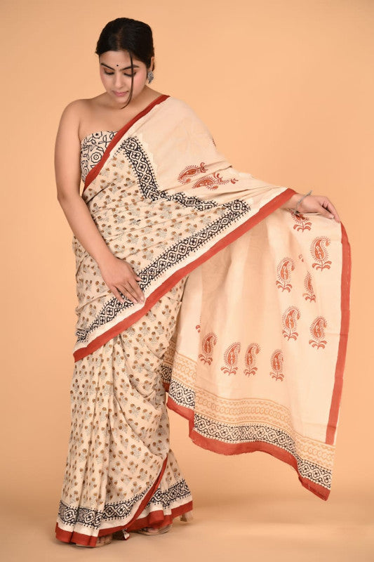 Brick Red with Beige Coloured Pure Cotton with Beautiful Applique Hand Cut Work Women Party/Casual wear Hand Block Printed Cotton Saree with Blouse!!