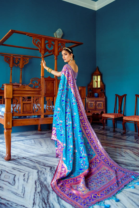 Rama Blue with Pink & Multi Coloured Banarasi Silk Paithani Patola Meenakari Work Women Ethnic wear Soft Silk Saree with Contrast Brocade Blouse!!