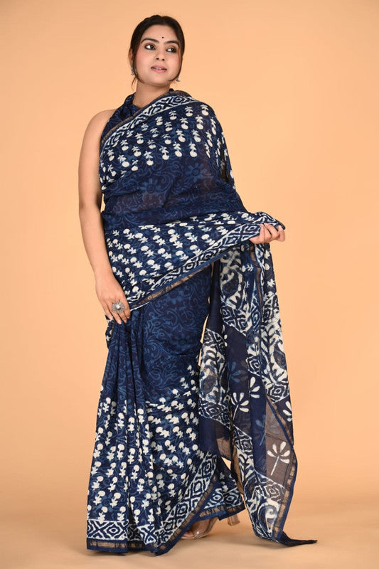 Navy Blue & Multi Coloured Chanderi Silk with Hand Block Printed Women Party/Traditional Wear Chanderi Silk Saree with Blouse!!