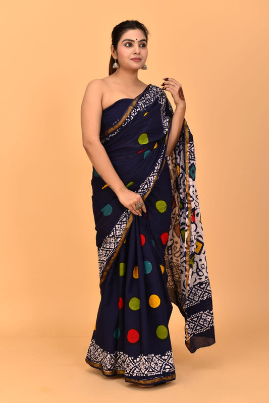 Navy Blue & Multi Coloured Pure Cotton with Jari Border & Print Women Party/Casual wear Cotton Saree with Runing Blouse!!