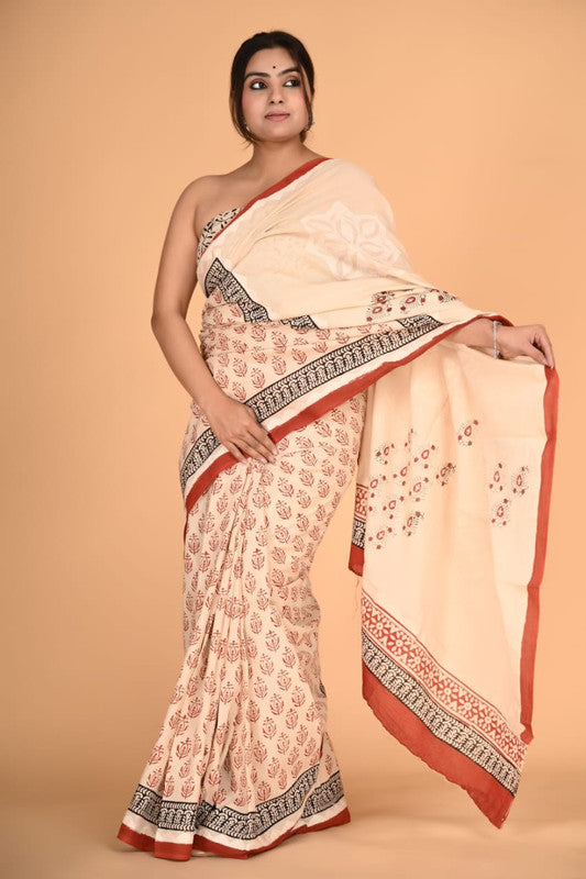 Brick Red with Beige Coloured Pure Cotton with Beautiful Applique Hand Cut Work Women Party/Casual wear Hand Block Printed Cotton Saree with Blouse!!