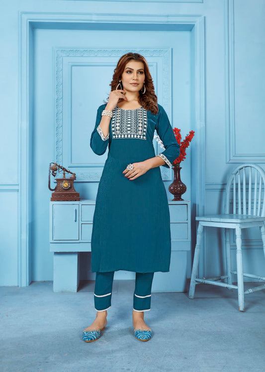 Rama Blue Coloured Rinkal Cotton with Embroidery Work Round Neck 3/4 sleeves Women Designer Party/ Casual wear Kurti with Pant!!