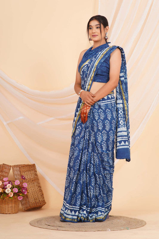 Blue with White Coloured Pure Cotton with Hand Block Printed Women Party/Casual/Office Wear Cotton Saree with Blouse!!