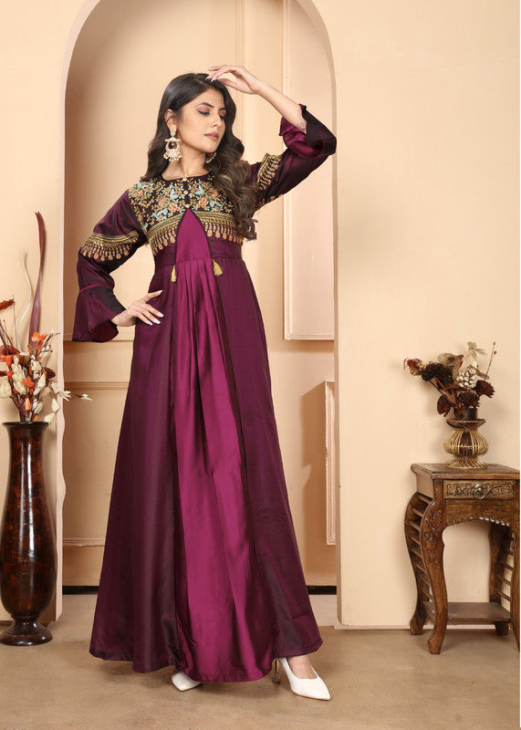 Wine Coloured Triva Silk with Heavy Embroidery Work Mandarin Neck Full Sleeves Women Designer Party/Casual wear Long Kurta!!