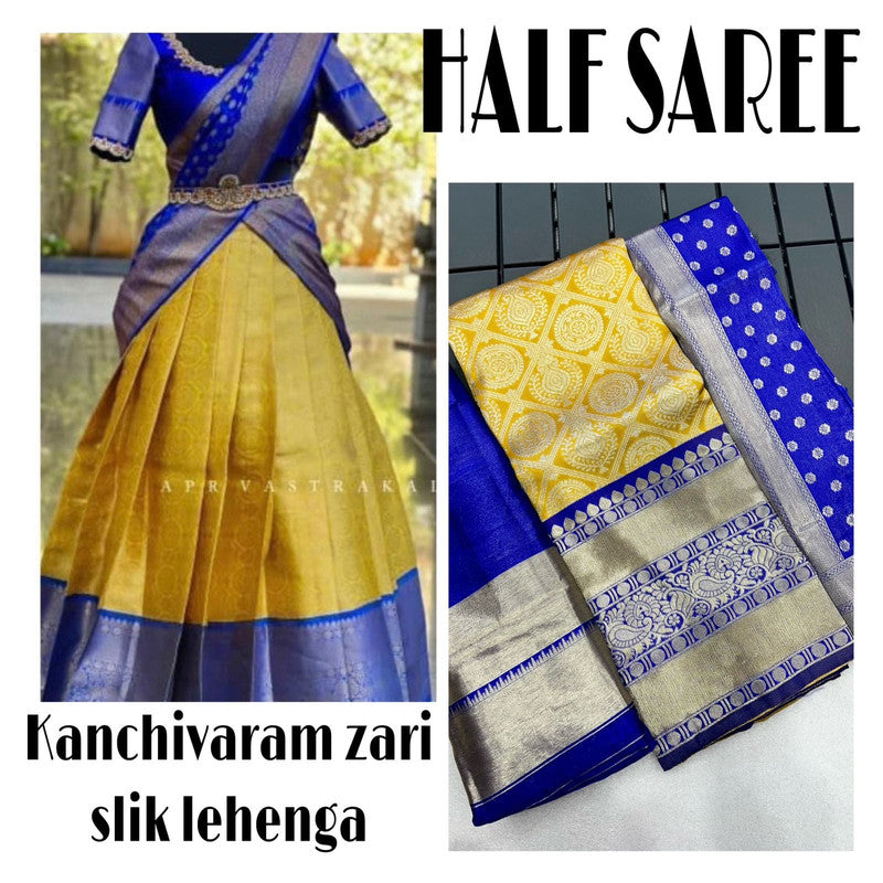 Mustard Yellow & Blue Coloured Kanjivaram Pattu Silk with Zari Women Ethnic Party wear Lehenga choli ( Half Saree) & Banarasi Silk Dupatta!!