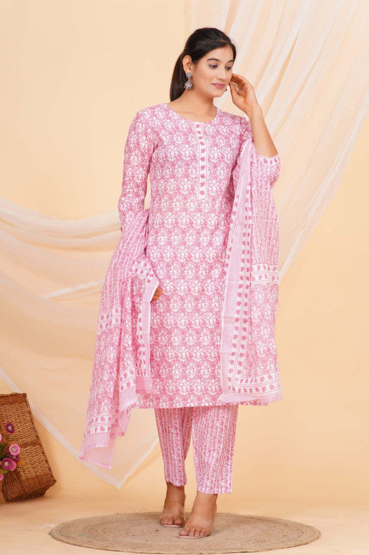 Light Pink & Multi Coloured Pure Cotton with Beautiful Hand Print Woman Party/Casual wear Designer Stitched Suit with Salwar & Mul Cotton Dupatta!!