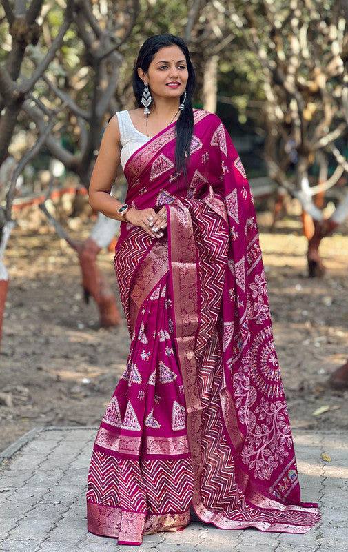 Wine & Multi Coloured with 9 Inch Patta with Leheriya work, Jacquard Border Women Designer Dola Silk Saree with Blouse!!