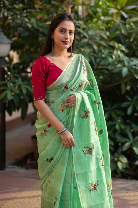 Light Green with Red & Multi Coloured Manipuri Kota Chex with Worli style Embroidery work Women Party/Festival wear Kota Silk Saree with Malbery Silk Blouse!!