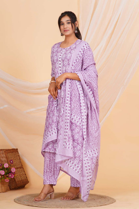 Onion Pink & Multi Coloured Pure Cotton with Beautiful Hand Print Woman Party/Casual wear Designer Stitched Suit with Salwar & Mul Cotton Dupatta!!