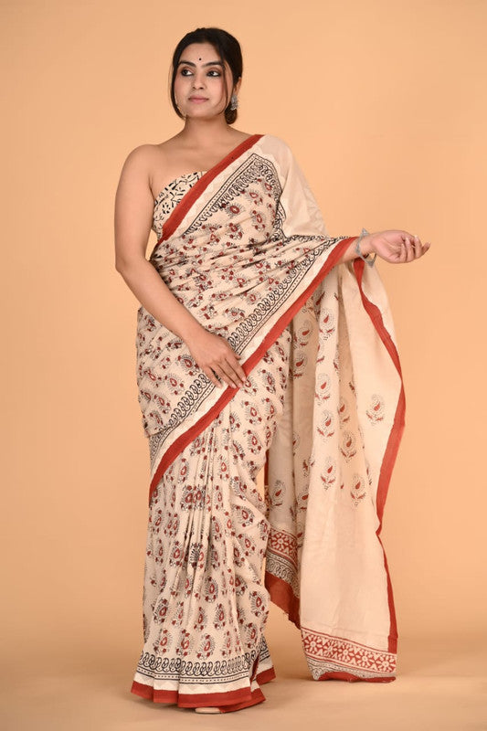 Brick Red with Beige Coloured Pure Cotton with Beautiful Applique Hand Cut Work Women Party/Casual wear Hand Block Printed Cotton Saree with Blouse!!