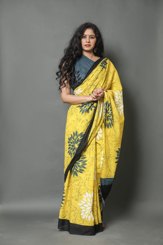 Yellow & Multi Coloured Pure Mul Cotton with Beautiful Hand Print Women Party/Casual wear Mul Cotton Saree with Runing Blouse!!