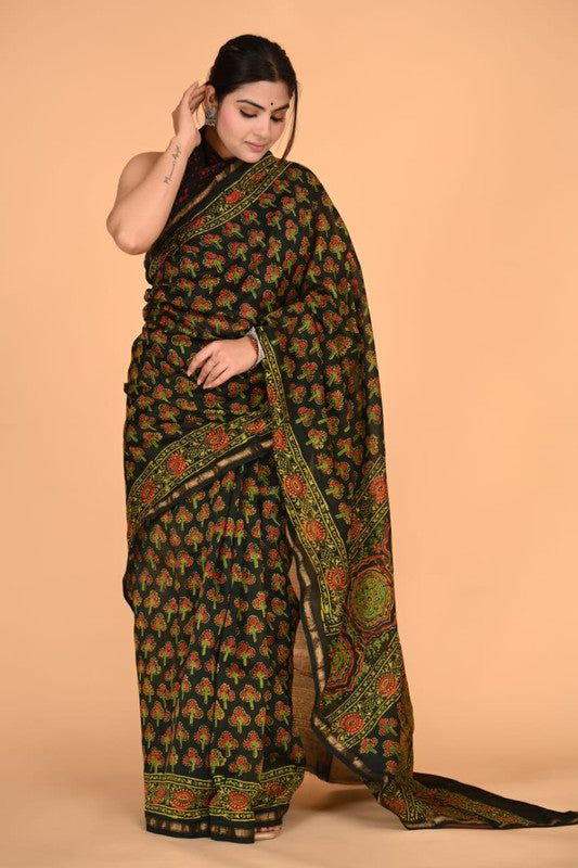 Mehendi Green & Multi Coloured Chanderi Silk with Hand Block Printed Women Party/Traditional Wear Chanderi Silk Saree with Blouse!!