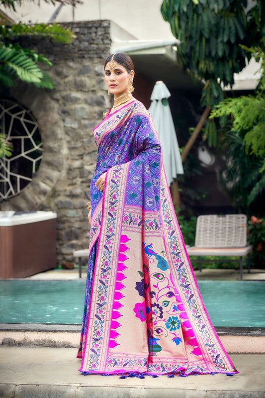 Purple & Multi Coloured Meena & Zari weaves with Paithani work Women Ethnic wear Banarasi Soft Silk Patola Saree with Contrast Brocade Blouse!!