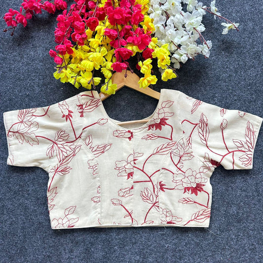 Off White & Maroon Coloured Diable Camric Cotton with Thread Sequence & Embroidery Work Woman Designer Ready made Blouse - 38 Size Fits Up to 40 Inch!!