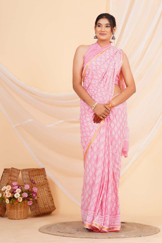 Light Pink with White Coloured Pure Cotton with Hand Block Printed Women Party/Casual/Office Wear Cotton Saree with Blouse!!