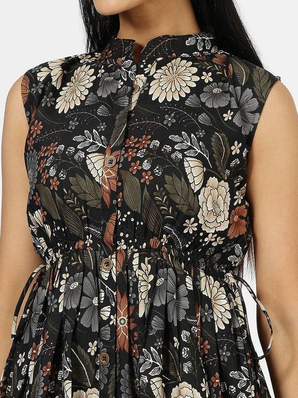 Black & Multi Coloured Mill Print Cotton Rayon Mandarin Collar Sleeveless Women Party/Casual wear Tunic Top One Pice Midi dress!!