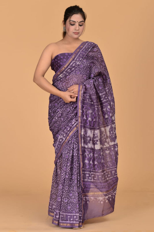 Purple & Multi Coloured Chanderi Silk with Hand Block Printed Women Party/Traditional Wear Chanderi Silk Saree with Blouse!!