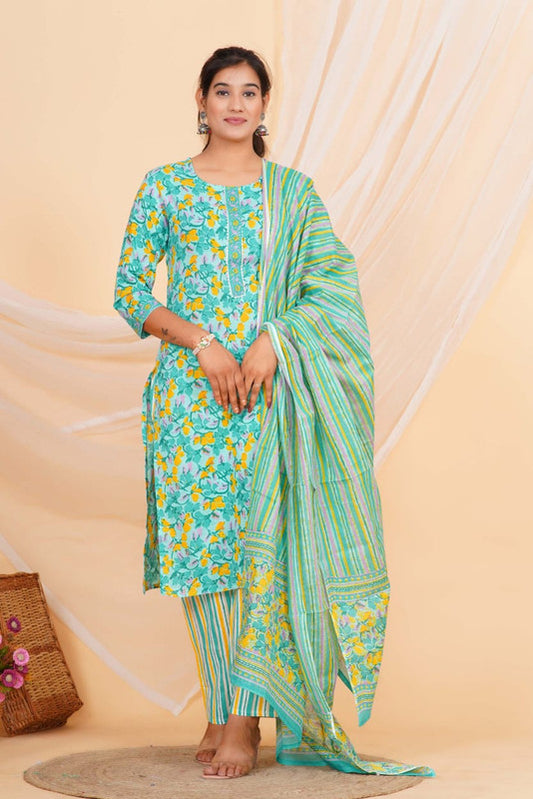 Green & Multi Coloured Pure Cotton with Beautiful Hand Print Woman Party/Casual wear Designer Stitched Suit with Salwar & Mul Cotton Dupatta!!