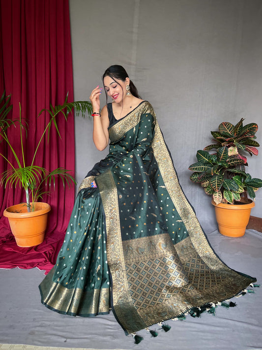 Green & Multi Coloured with Copper & Golden Zari & Beautiful Motifs, Rich Pallu Women Designer Soft Silk Saree with Blouse!!