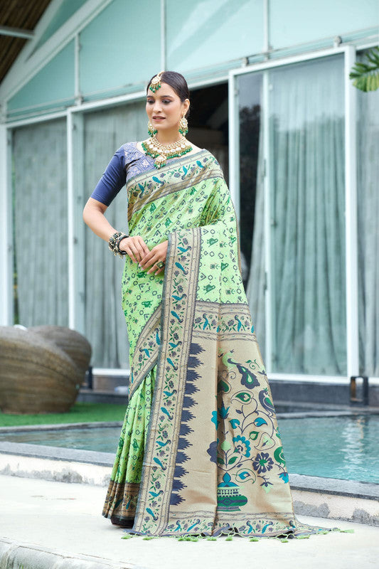 Pista Green & Multi Coloured Meena & Zari weaves with Paithani work Women Ethnic wear Banarasi Soft Silk Patola Saree with Contrast Brocade Blouse!!
