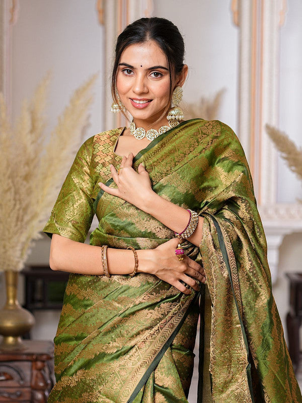 Parrot Green Coloured with Rich Pallu Dual Tone Tassels, Zari & Sequence Work Women Ethnic/Festival wear Organza Silk Saree with Brocade Blouse!!