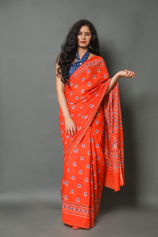 Red & Multi Coloured Pure Mul Cotton with Beautiful Hand Print Women Party/Casual wear Mul Cotton Saree with Runing Blouse!!