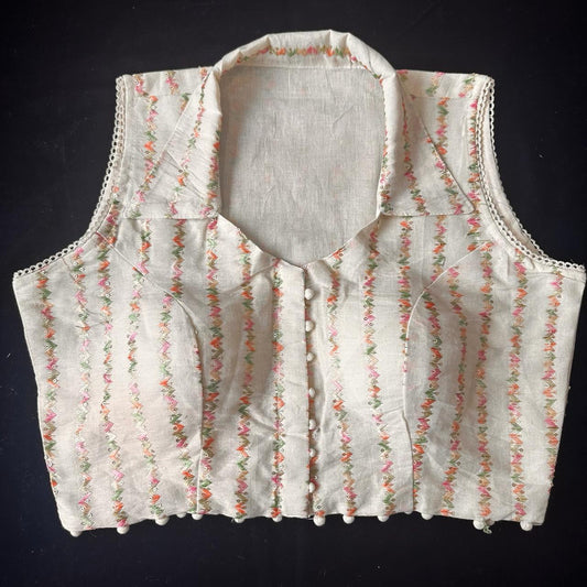 Off White Coloured Heavy Khadi Embroidery Sequence work with Collar Nack Woman Designer Ethnic/Partywear Ready made Blouse - 38 Size Fits Up to 40 Inch!!