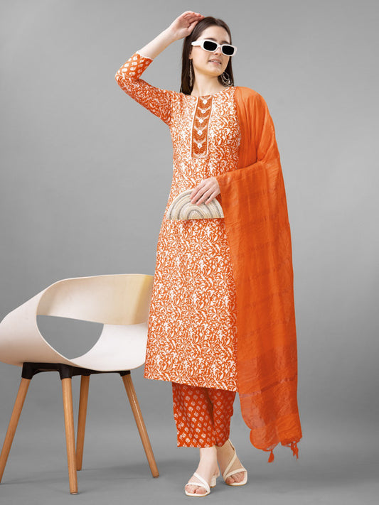 Orange Coloured Rayon with Print & Embroidery Lace work Women Designer Party wear Kurta with Pant & Silk Blend Dupatta!!