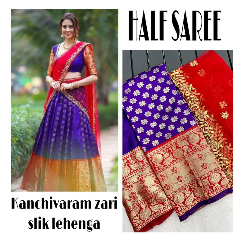 Red & Blue Coloured Kanjivaram Pattu Silk with Zari Women Ethnic Party wear Lehenga choli ( Half Saree) & Banarasi Silk Dupatta!!