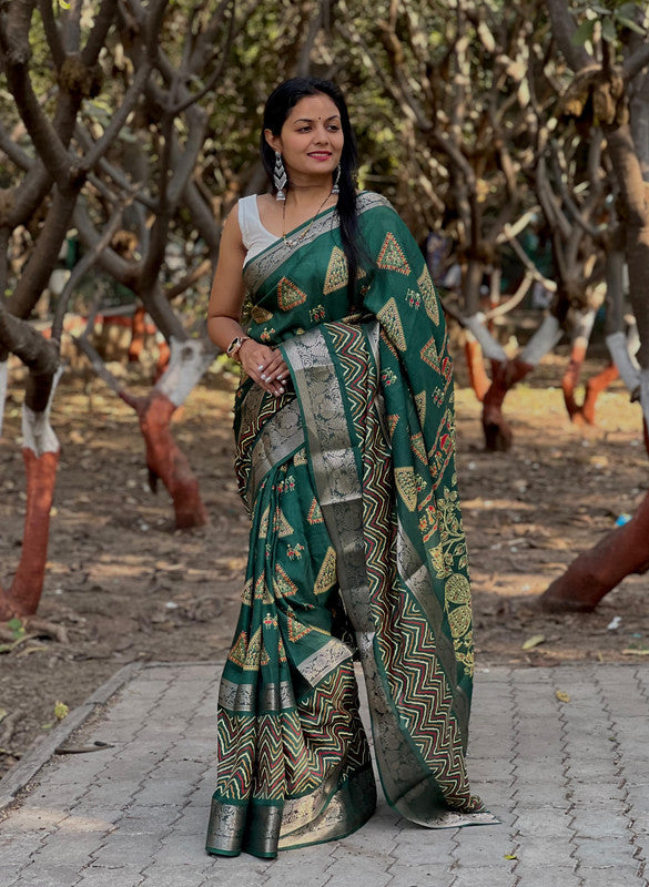 Green & Multi Coloured with 9 Inch Patta with Leheriya work, Jacquard Border Women Designer Dola Silk Saree with Blouse!!