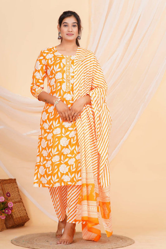 Orange & Multi Coloured Pure Cotton with Beautiful Hand Print Woman Party/Casual wear Designer Stitched Suit with Salwar & Mul Cotton Dupatta!!