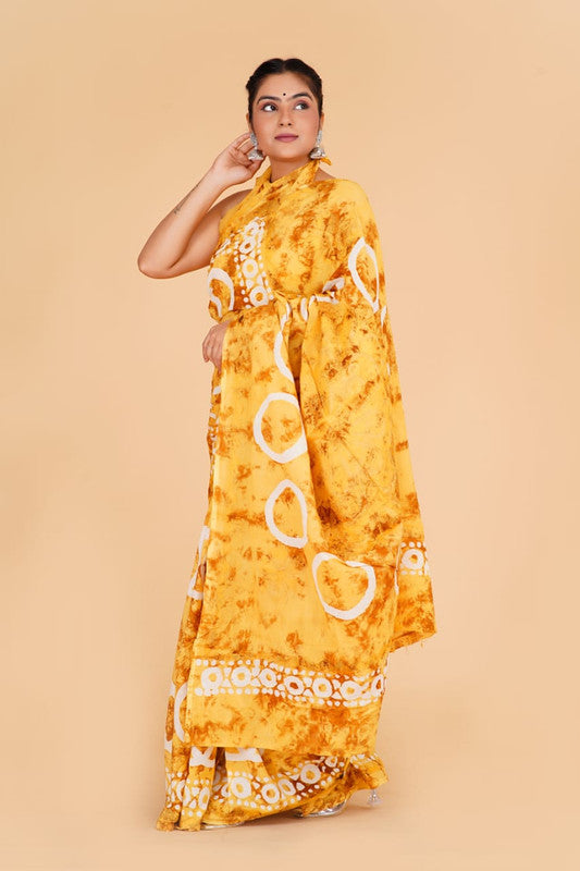 Mustard Yellow with White Coloured Pure Cotton with Beautiful Applique Hand Cut Work Women Party/Casual wear Hand Block Printed Cotton Saree with Blouse!!