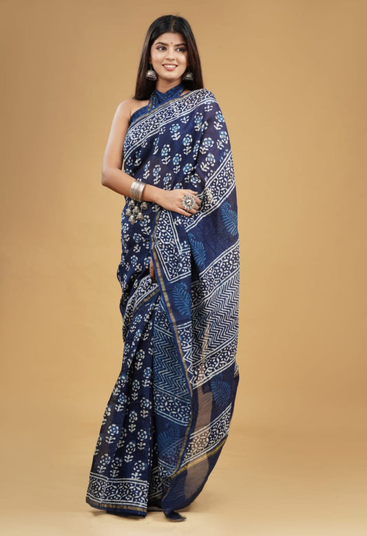 Navy Blue & Multi Coloured Chanderi Silk with Hand Block Printed Women Party/Traditional Wear Chanderi Silk Saree with Blouse!!